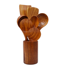 Amazon selling teak wood cooking Utensils for Cooking 8 pcs with Holder Natural Nonstick Teak Wood Spoons Spatula and Spoon Rest